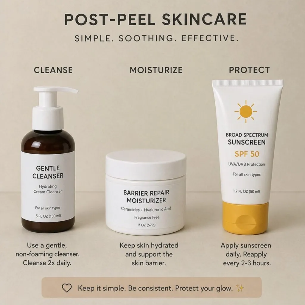 Simple post-peel skincare products for dark skin including cleanser, moisturizer and sunscreen