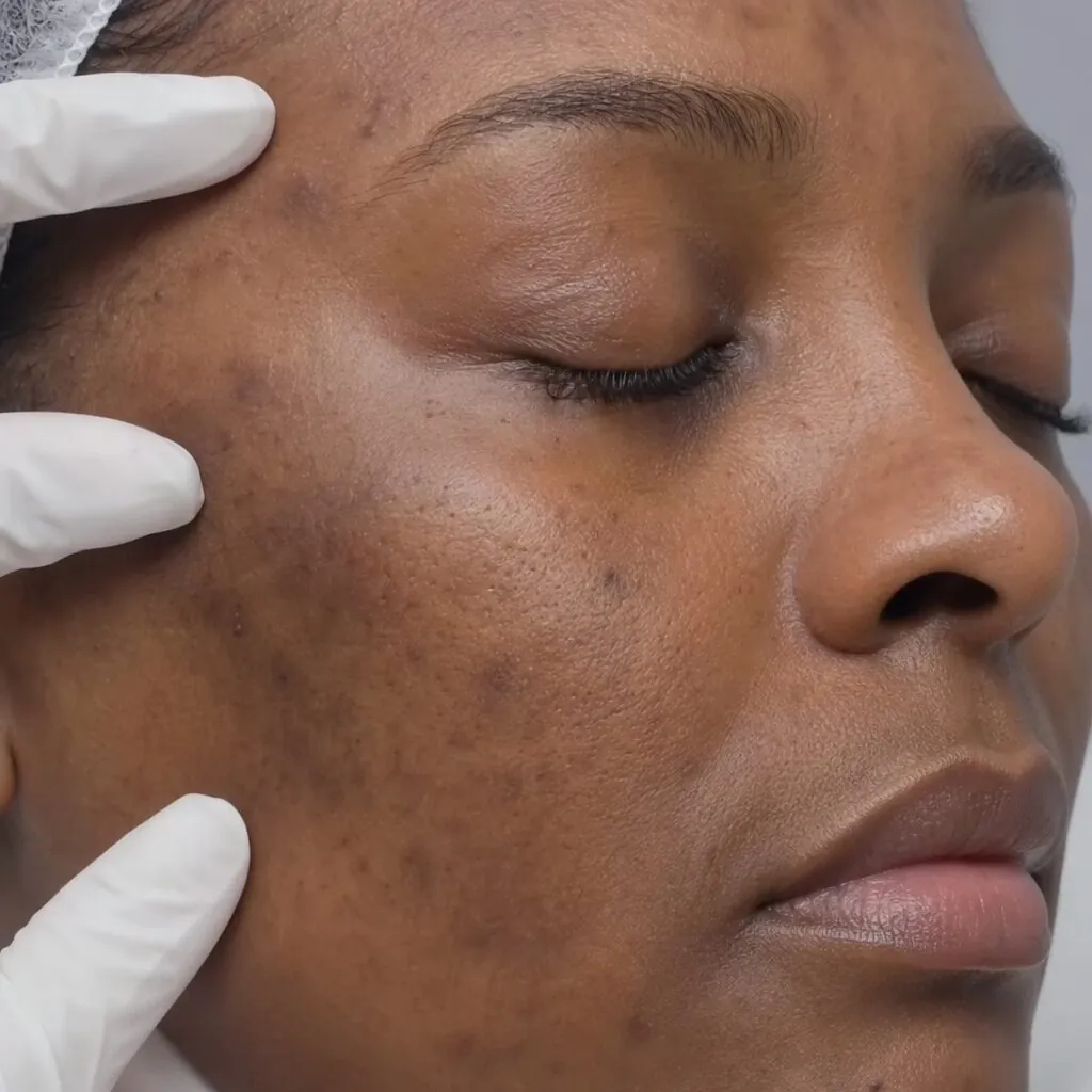Close-up of melanin-rich skin being evaluated before a professional chemical peel
